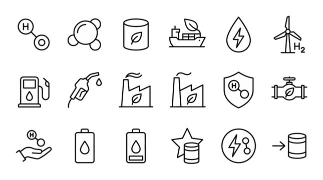 Green hydrogen and ammonia web icons in line style. H2 storage, clean fuel molecules, and carbon-free shipping collection. Ultra-minimalist symbols for energy transition platforms, hydrogen-tech dashb