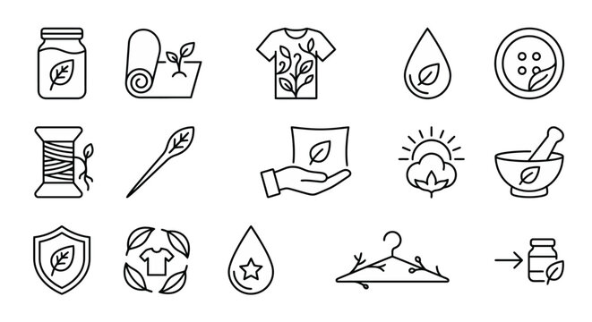 Regenerative fashion and natural dye web icons in line style. Botanical textiles, organic fibers, and eco-friendly garment collection. Ultra-minimalist symbols for eco-fashion brands, sustainable text
