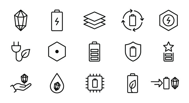 Lithium mining and next-gen battery web icons in line style. Solid-state energy storage, lithium-ion, and sustainable mining collection. Ultra-minimalist symbols for tech reports, EV platforms, and gr