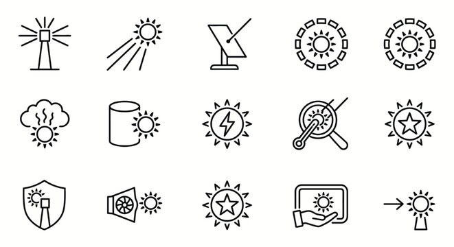 Concentrated Solar Power (CSP) and solar thermal web icons in line style. Mirror towers, heliostats, and thermal energy storage collection. Ultra-minimalist symbols for renewable energy platforms, sol