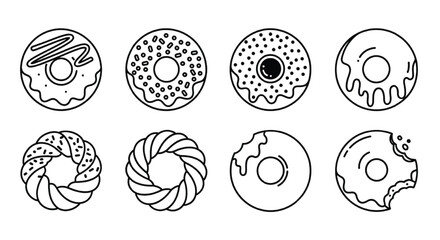 Fototapeta premium Donut Line Icon Set Outline Doughnut Pastry Collection Minimal Bakery Vector