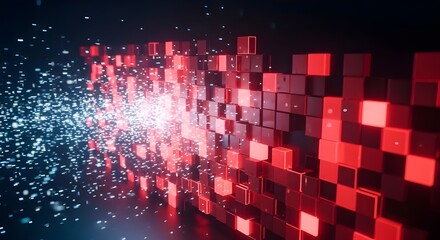 Obraz premium Abstract 3D digital firewall protection with glowing red blocks and blue light particles representing data defense
