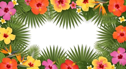 Fototapeta premium Lush tropical border of colorful hibiscus, frangipani, and bird of paradise flowers with green palm leaves and copy space.