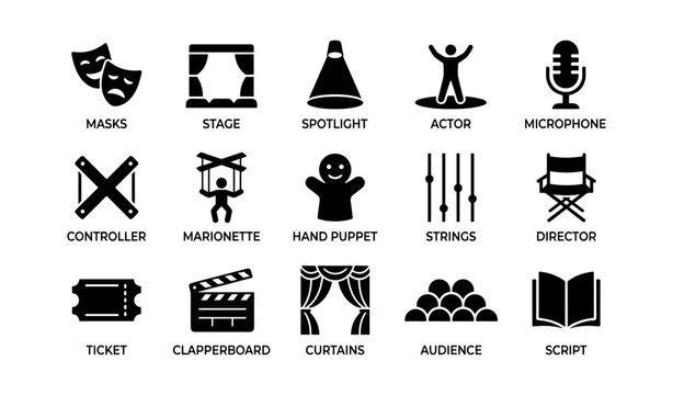 Theater icons collection: masks, stage, spotlight, and more