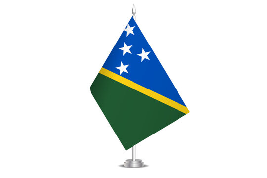 Solomon Islands flag - wavy stick flag of country, cultural identity and heritage. Represents national pride and unity. Vector table flag hanged on the short hoist. Isolated on white background