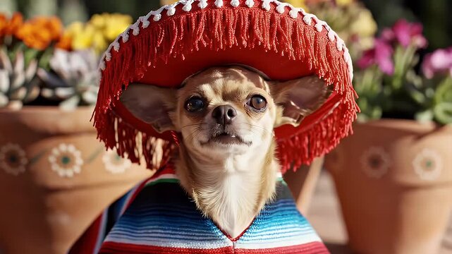 Chihuahua dog wearing sombrero and serape outdoors near potted flowers