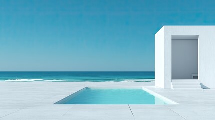 Fototapeta premium Minimalist beachside architecture with pool and ocean view under clear sky