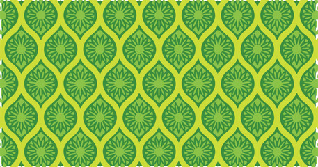 Green and yellow floral geometric seamless pattern, vibrant ornamental design for textile, wallpaper, and decorative backgrounds. © Iron mystogan 