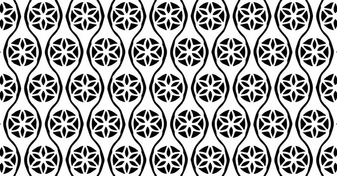 Black and white ornamental geometric seamless pattern with circular motifs, elegant decorative background design.