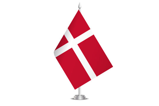 Denmark flag - wavy stick flag of country, cultural identity and heritage. Represents national pride and unity. Vector table flag hanged on the short hoist. Isolated on white background