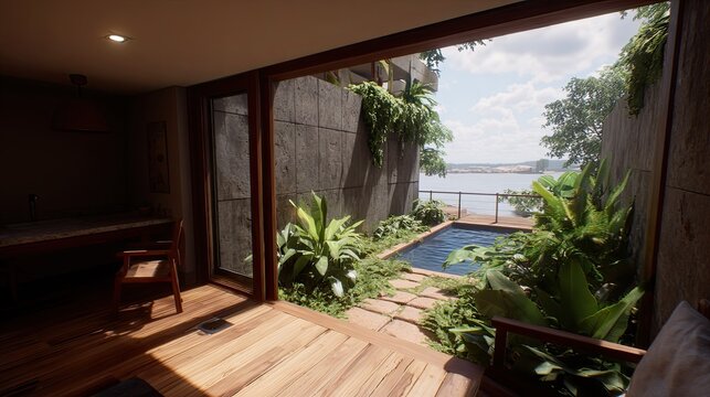 Room with view of water and plants through open window interior design