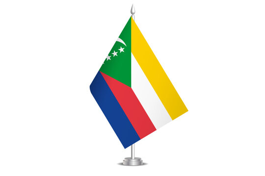 Comoros flag - wavy stick flag of country, cultural identity and heritage. Represents national pride and unity. Vector table flag hanged on the short hoist. Isolated on white background