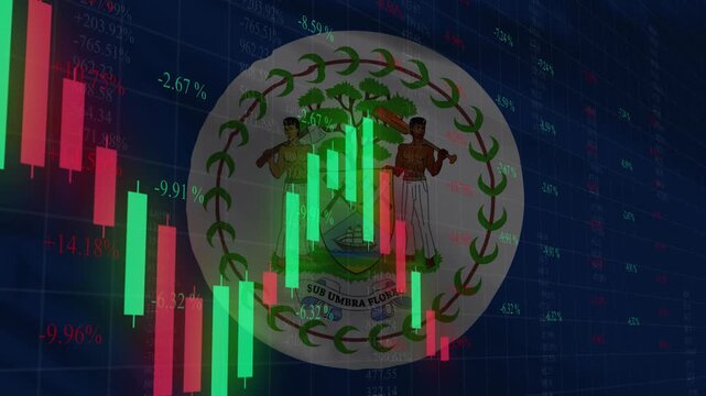 Belize Flag and Financial Performance: The national flag of Belize is superimposed with financial graphs, reflecting the economic performance and fluctuations.