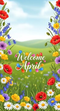Vibrant April Welcome Sign in Blooming Wildflower Meadow Under Sunny Sky