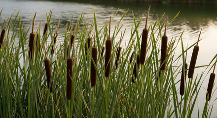Obraz premium Cattail reeds Near the water's Edge: A tranquil scene unfolds as cattail reeds sway gently near the calm water edge, reflecting the peaceful harmony of the natural environment