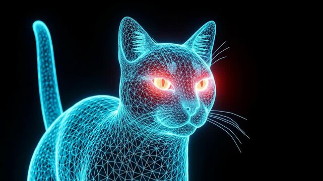 Futuristic Neon Cat Wireframe with Glowing Red Eyes.