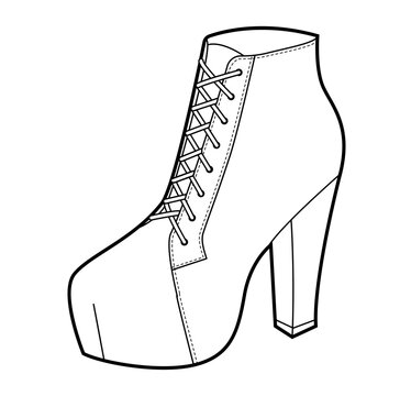 Platform ankle boot women single sketch shoe. Lace up high heel footwear for night out, stage, styling. Technical fashion illustration, CAD mockup, clean vector men unisex isolated statement style.
