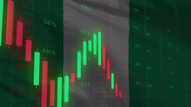 Economic Indicator: A close-up shot of financial data superimposed on a waving flag, illustrating economic trends. It's a visual representation of the nation's financial status.
