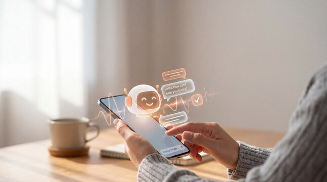Person interacts with smartphone displaying virtual assistant interface, featuring friendly chatbot icon and speech bubbles. scene is set in cozy room with warm ambiance