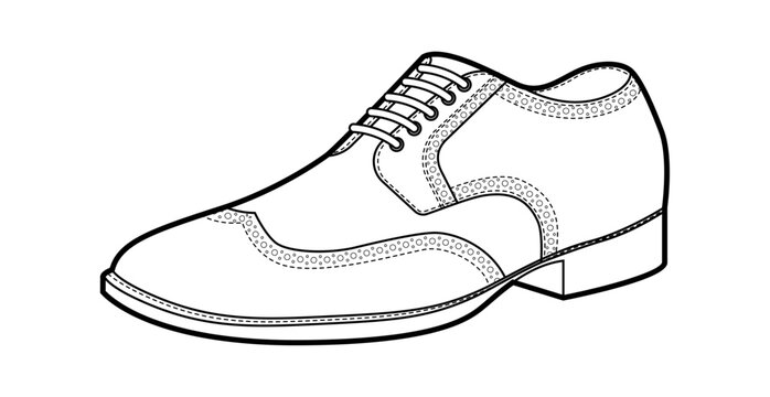 Wingtip brogue oxford mens single shoe line. Perforated leather footwear with classic wingtip detail smart dress style. Technical fashion illustration CAD mockup sketch vector women unisex isolated.