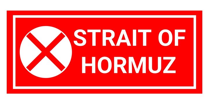 Strait of hormuz text with close mark. Strait of hormuz Iran US and Israel conflict. 