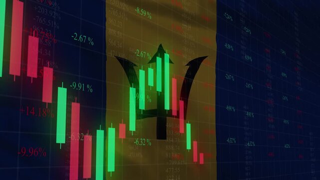 Barbados Financial Analysis: A dynamic visual representation combining the Barbados flag with a real-time display of financial data, illustrating market trends.