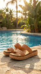 Obraz premium Woven leather slide sandals on poolside tiles at tropical resort with palm trees and sunset glow