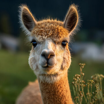 Curious alpaca portrait in green mountain meadow with soft natural light