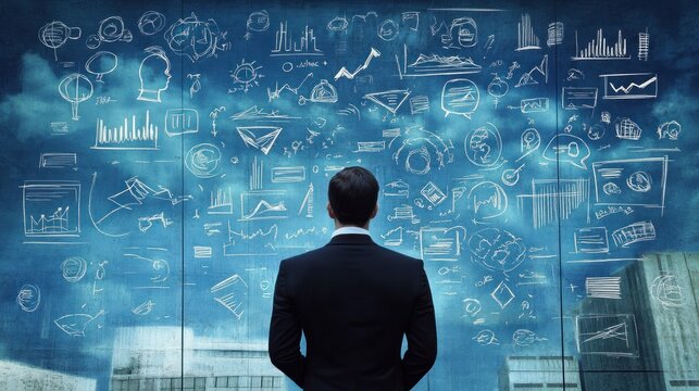 Businessman contemplates strategy; urban view background;  graphic design;  presentation use