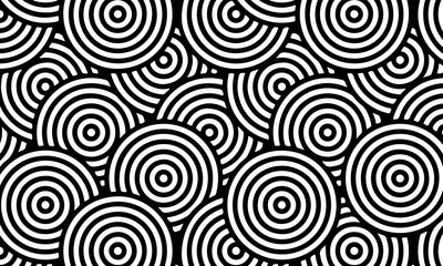 Fototapeta premium Overlapping concentric circles and arc shapes black and white geometric bullseye pattern background. monochrome artistic pattern.