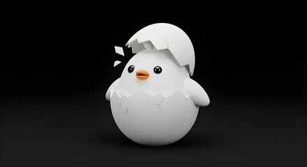 Obraz premium A cute white chick hatches from an egg on a black background