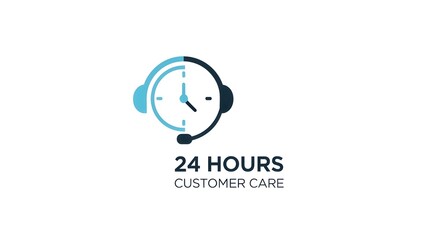 Obraz premium A customer care logo with a 24-hour clock and headset on a white background