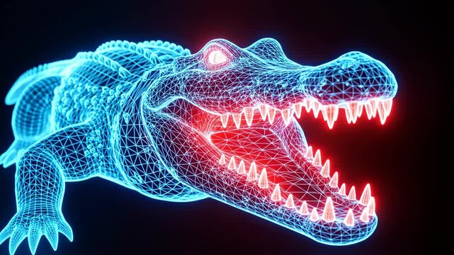 Glowing Neon Alligator Wireframe with Fiery Red Mouth on Black Background.