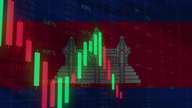Cambodia Flag and Financial Data: The Cambodian flag forms a backdrop for a visual representation of financial data, with fluctuating stock charts symbolizing market trends and economic performance.
