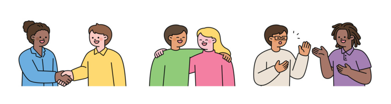 Two friends meet, shake hands, greet each other, put their arms around each other's shoulders, and communicate. Friends of various races. Cute character with a round face. Upper body illustration.