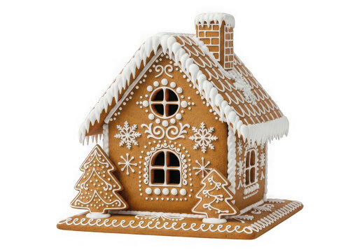Decorated gingerbread house with small trees for Christmas holiday isolated on transparent background