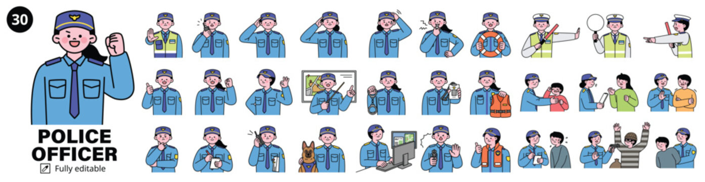 Police Character Bundle Mega Set. Cute character with a round face. Upper body illustration.