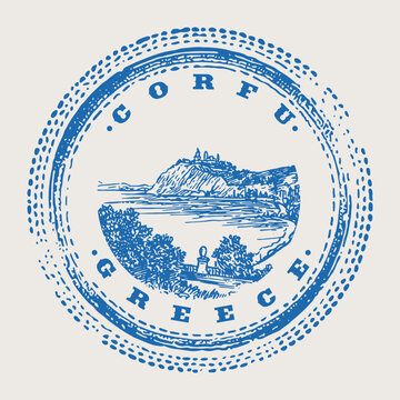 Corfu Greece Ionian Sea Coastline Panoramic Travel Passport Cancellation Stamp Postmark