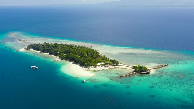 Little Liguid Island with beautiful beach, palm trees by turquoise water view from above. Little Cruz Island, Philippines, Samal.