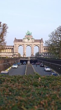 Cinquantenaire Arch and Urban Traffic Underpass in Brussels, Belgium
