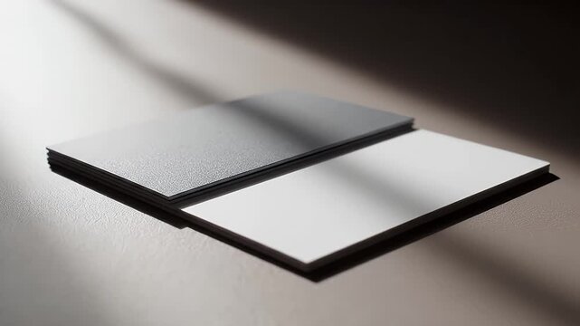 Minimalist black notebooks on a dark desk with open white pages and dramatic diagonal shadows