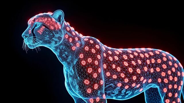 Abstract Neon Cheetah Anatomy Glowing with Red Spots on Black Background.