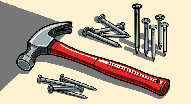 Hammer and nails on a surface.