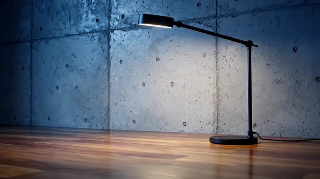 Minimalist Modern Desk Lamp Illuminates Blue Dotted Wall in a Quiet Studio