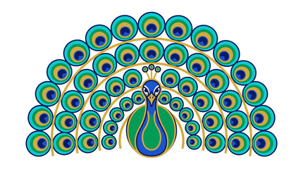 Stylized peacock logo with geometric tail fan, elegant bird emblem displaying vibrant plumage illustration