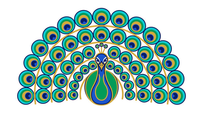 Stylized peacock logo with geometric tail fan, elegant bird emblem displaying vibrant plumage illustration