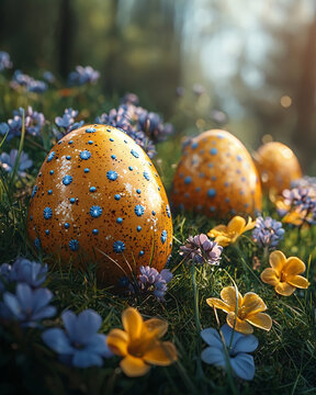 Beautiful golden Easter eggs with blue floral ornaments in green grass and wild flowers on spring field at sunset with copy-space.