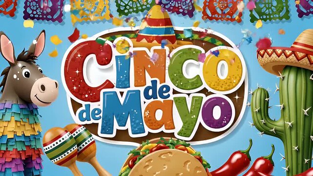 Cinco de Mayo festive illustration with pi&ntilde;ata, taco, and cactus