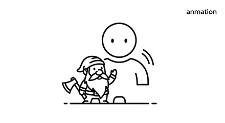 Fototapeta premium Charming line art of a small bearded figure with an axe interacting with a minimalist person icon,