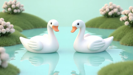 Fototapeta premium Cartoonish rubber ducks on calm water, minimalist pond scene, toy ducks, plush swans, soft pastel landscape, reflective surface.